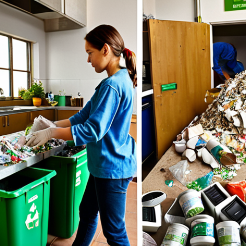 A split image showcasing two contrasting scenes: On one side, a family happily sorting recyclable waste (paper, plastic, glass) into labeled bins in their brightly lit kitchen. On the other, a lush, green recycling center with workers processing materials, conveying a sense of environmental responsibility and a sustainable future. Style: realistic, vibrant colors.