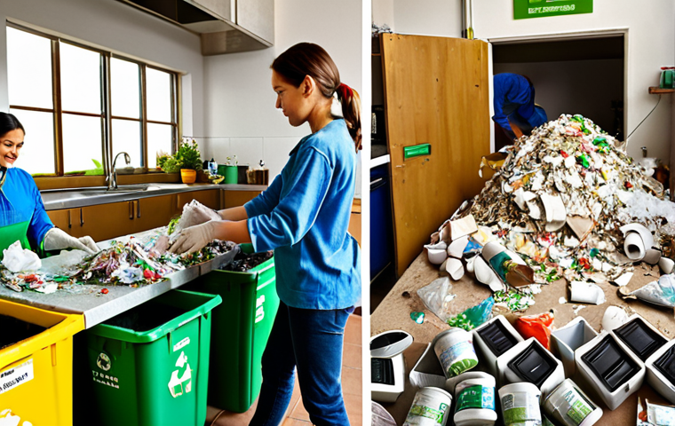 A split image showcasing two contrasting scenes: On one side, a family happily sorting recyclable waste (paper, plastic, glass) into labeled bins in their brightly lit kitchen. On the other, a lush, green recycling center with workers processing materials, conveying a sense of environmental responsibility and a sustainable future. Style: realistic, vibrant colors.