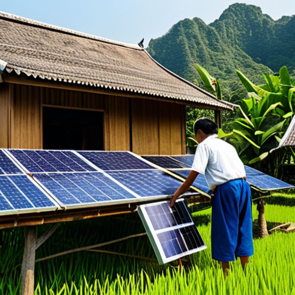 **
A Thai family installing solar panels on the roof of their traditional wooden house. Lush green rice paddies in the background. Everyone is fully clothed in appropriate, modest attire. Safe for work, appropriate content, perfect anatomy, natural proportions, professional photography, high quality. Emphasize the bright sunlight and clean energy.
**