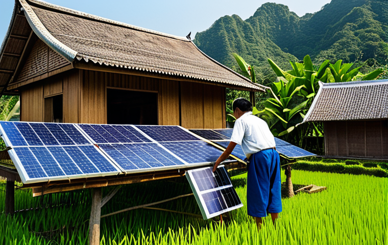 **

A Thai family installing solar panels on the roof of their traditional wooden house. Lush green rice paddies in the background. Everyone is fully clothed in appropriate, modest attire. Safe for work, appropriate content, perfect anatomy, natural proportions, professional photography, high quality. Emphasize the bright sunlight and clean energy.

**