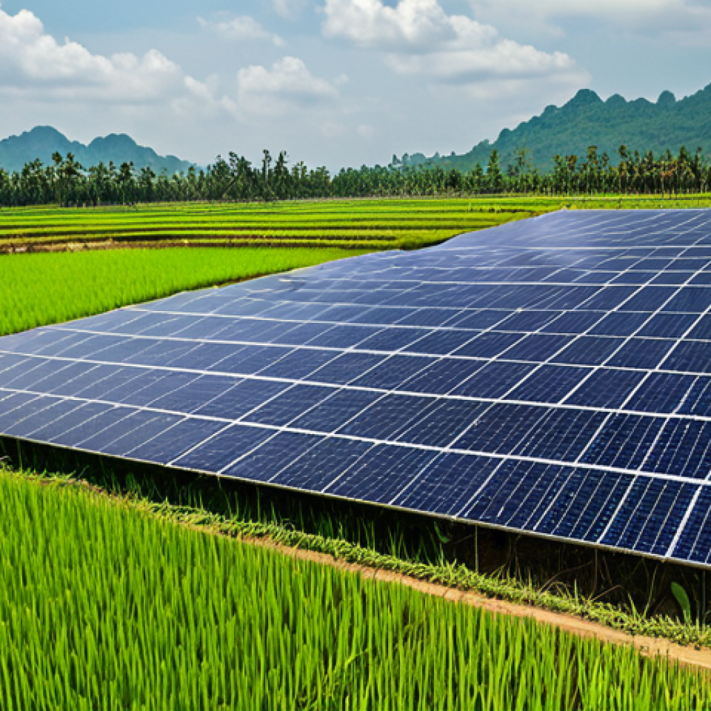 Environmental Sustainability**
"A solar panel farm in rural Thailand, surrounded by lush rice paddies, fully clothed farmers tending the fields, appropriate content, safe for work, professional photography, focusing on renewable energy and sustainable agriculture, perfect anatomy, correct proportions, natural pose, high quality, environmental conservation."
**