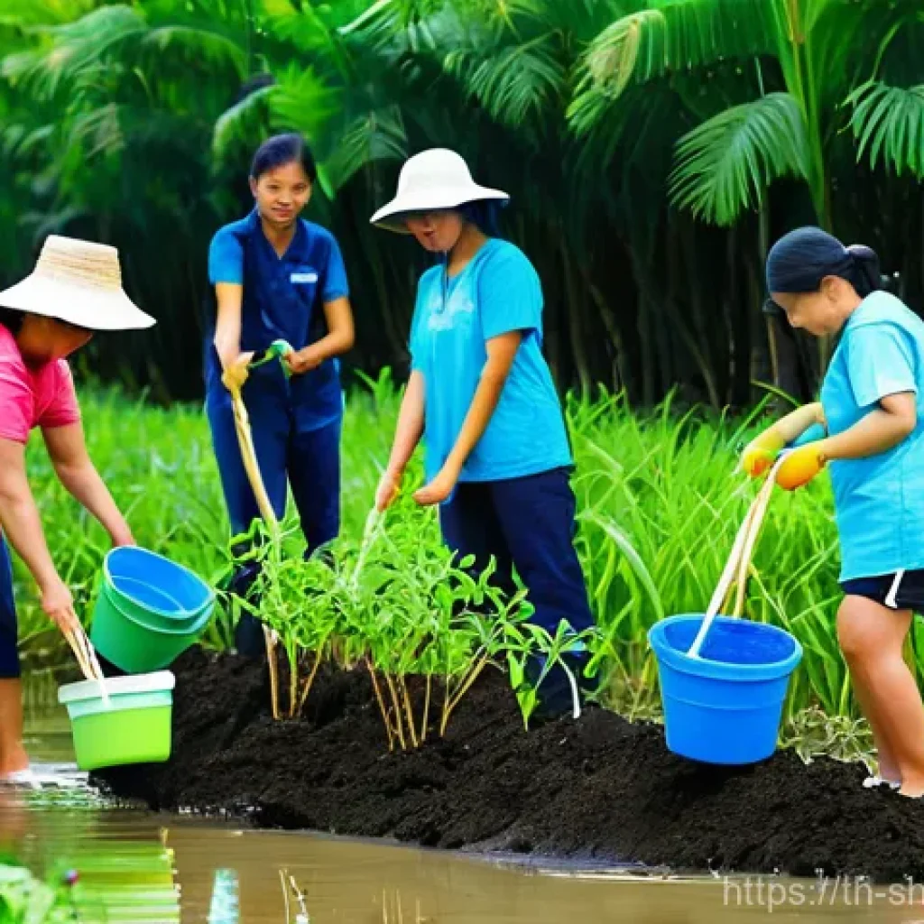 지속가능한 개발을 위한 기업의 사회적 책임 - **Prompt:** A vibrant outdoor scene on a sunny day in a coastal area of Thailand. Diverse Thai volun...