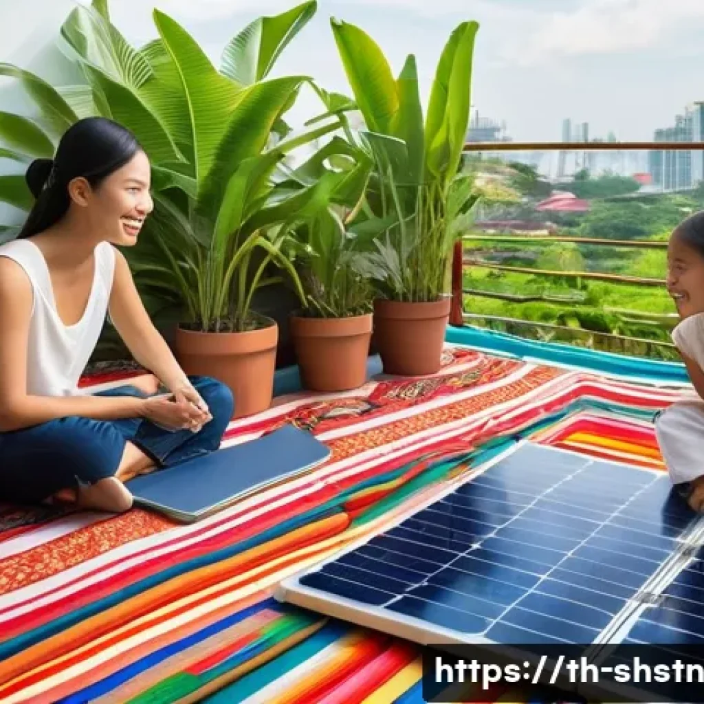 지속가능한 대체 에너지 기술 연구 - **Prompt:** "A vibrant, sun-drenched rooftop in Thailand. Solar panels gleam, reflecting the bright ...