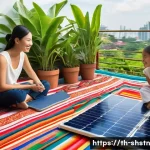 지속가능한 대체 에너지 기술 연구 - **Prompt:** "A vibrant, sun-drenched rooftop in Thailand. Solar panels gleam, reflecting the bright ...