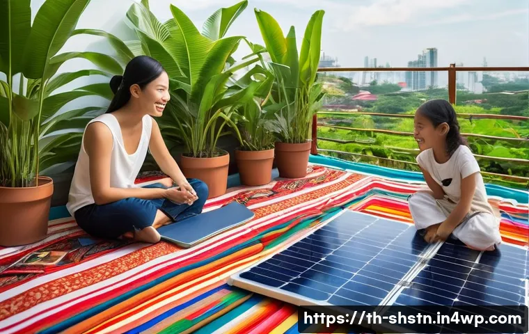 지속가능한 대체 에너지 기술 연구 - **Prompt:** "A vibrant, sun-drenched rooftop in Thailand. Solar panels gleam, reflecting the bright ...