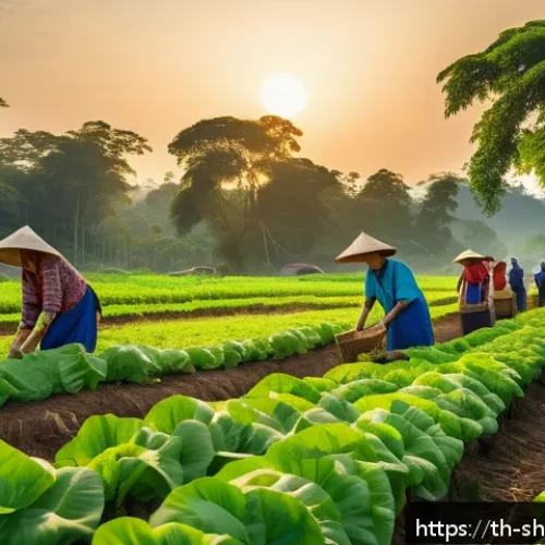 지속가능한 비즈니스 아이디어 발굴법 - A vibrant outdoor organic farm in Thailand during golden hour, showcasing local farmers in tradition...