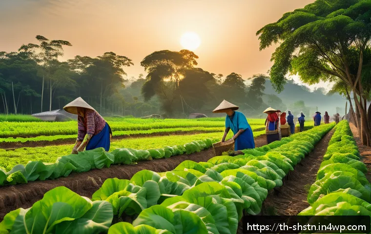 지속가능한 비즈니스 아이디어 발굴법 - A vibrant outdoor organic farm in Thailand during golden hour, showcasing local farmers in tradition...