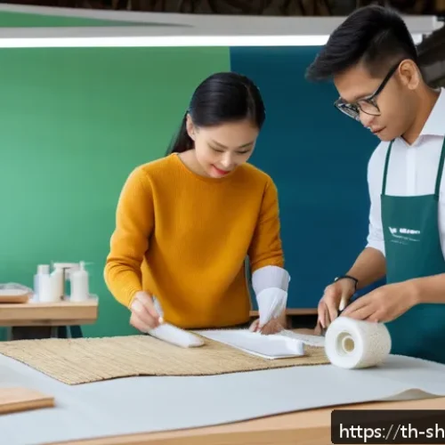 지속가능한 제품 디자인 원칙 - A sustainable product design workshop scene set in a modern Thai studio, featuring designers working...