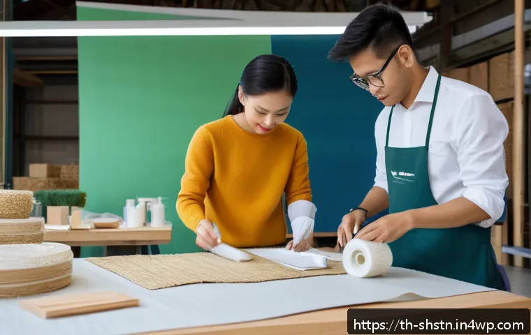 지속가능한 제품 디자인 원칙 - A sustainable product design workshop scene set in a modern Thai studio, featuring designers working...
