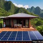 지속가능성 관련 주요 통계와 데이터 - A modern Thai household rooftop in 2024, featuring a large array of sleek solar panels glistening un...