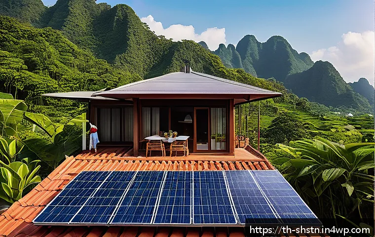 지속가능성 관련 주요 통계와 데이터 - A modern Thai household rooftop in 2024, featuring a large array of sleek solar panels glistening un...