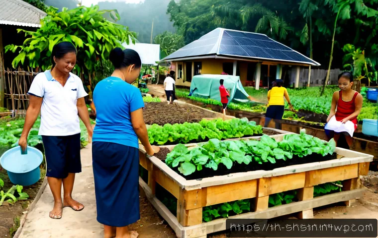 Home 30 지속가능한 커뮤니티 개발 전략 - Photorealistic sustainable community garden in a Thai neighborhood, diverse Thai residents of differ...