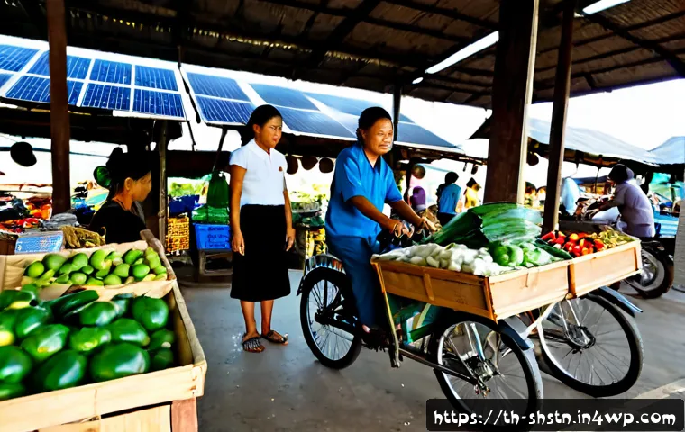 Home 17 지속가능한 경제 시스템의 원칙 - Photorealistic sustainable economy scene in a Thai community market at early morning, a diverse grou...