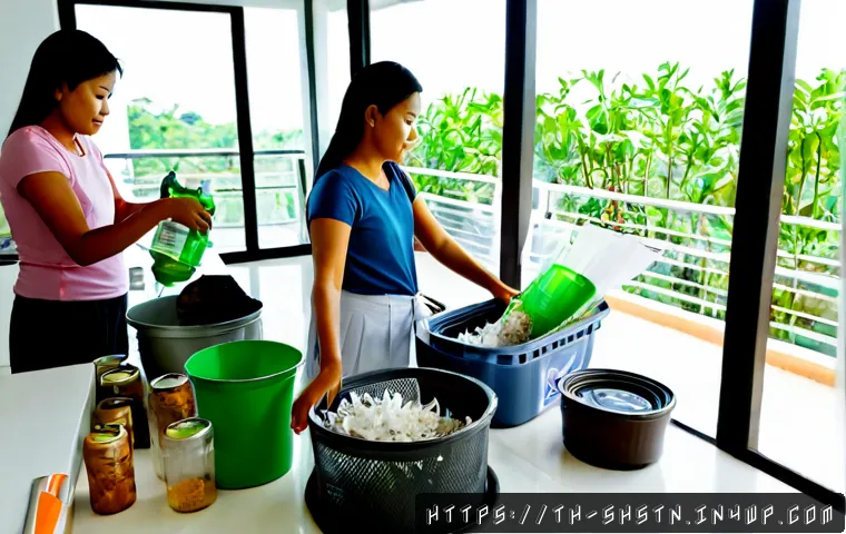 Home 29 지속가능한 자원 절약을 위한 방법 - Photorealistic Thai family in a bright modern Bangkok apartment kitchen, carefully sorting glass bot...