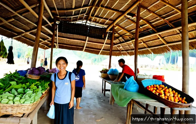 Home 17 지속가능한 지역 경제 개발 사례 - Photorealistic sustainable community market in rural Thailand, smiling local farmers and artisans se...