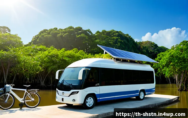 지속가능한 여행산업의 미래 - Photorealistic sustainable travel scene in Thailand, a modern electric shuttle arriving at a quiet t...